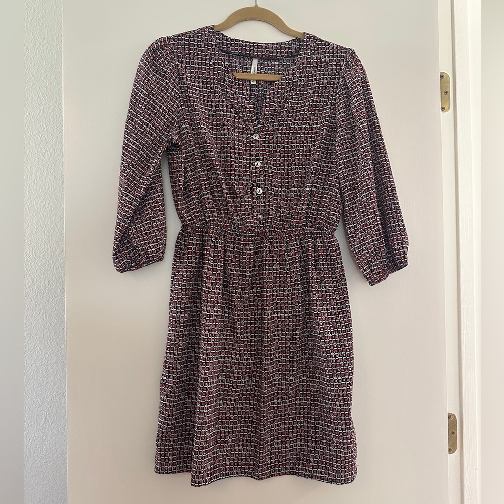 Trinity Orange Navy Geometric Print Silk Dress 3/4 Sleeve - Small